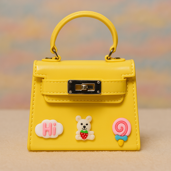 Bright Yellow Kids Mini Handbag – Glossy Purse with Bear & Candy Appliqués for Girls.