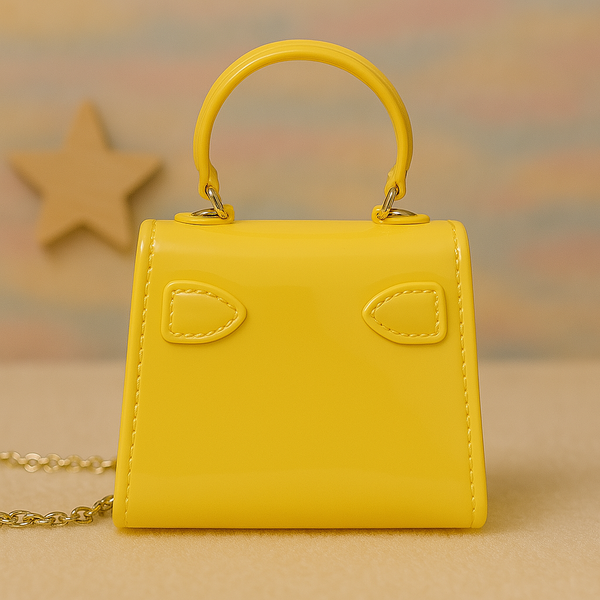 Bright Yellow Kids Mini Handbag – Glossy Purse with Bear & Candy Appliqués for Girls.